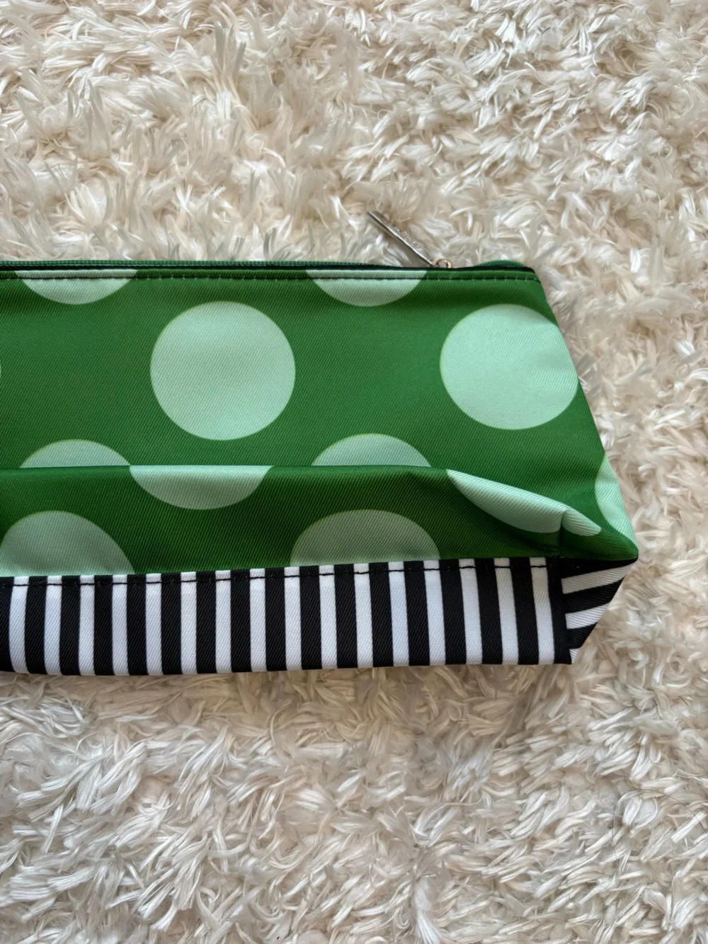 kate spade Black and White Striped Green Polka Dot Pattern Cosmetic Pouch Makeup